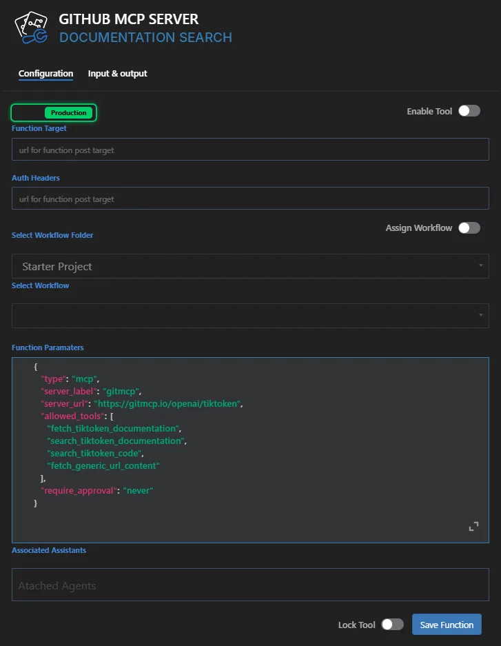 Tool settings for an MCP server connection, with function parameters listing the server URL and the allowed tools, and a field to attach the tool to assistants.